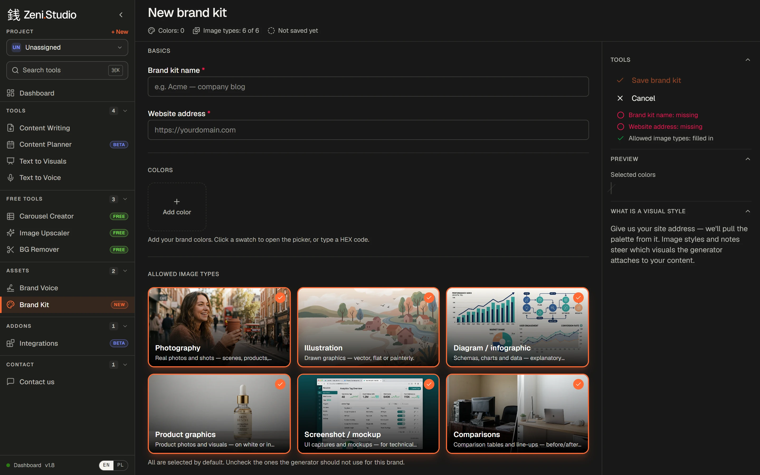 The Brand Kit editor: brand colours and six allowed image types
