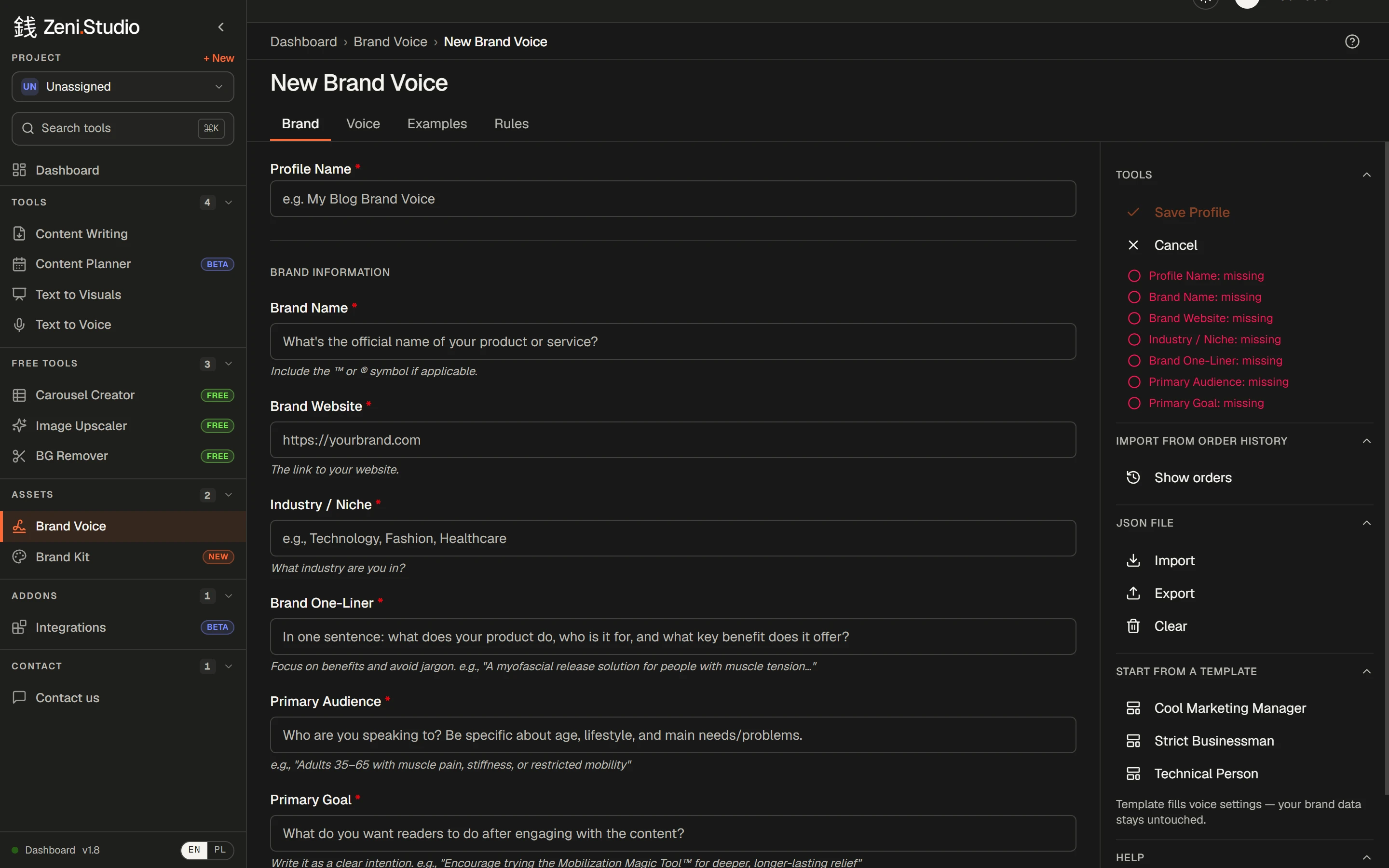 The Brand Voice editor in Zeni.Studio: Brand, Voice, Examples and Rules tabs, templates and JSON import