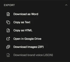 Export options: Word, text, HTML, Google Drive, images as ZIP