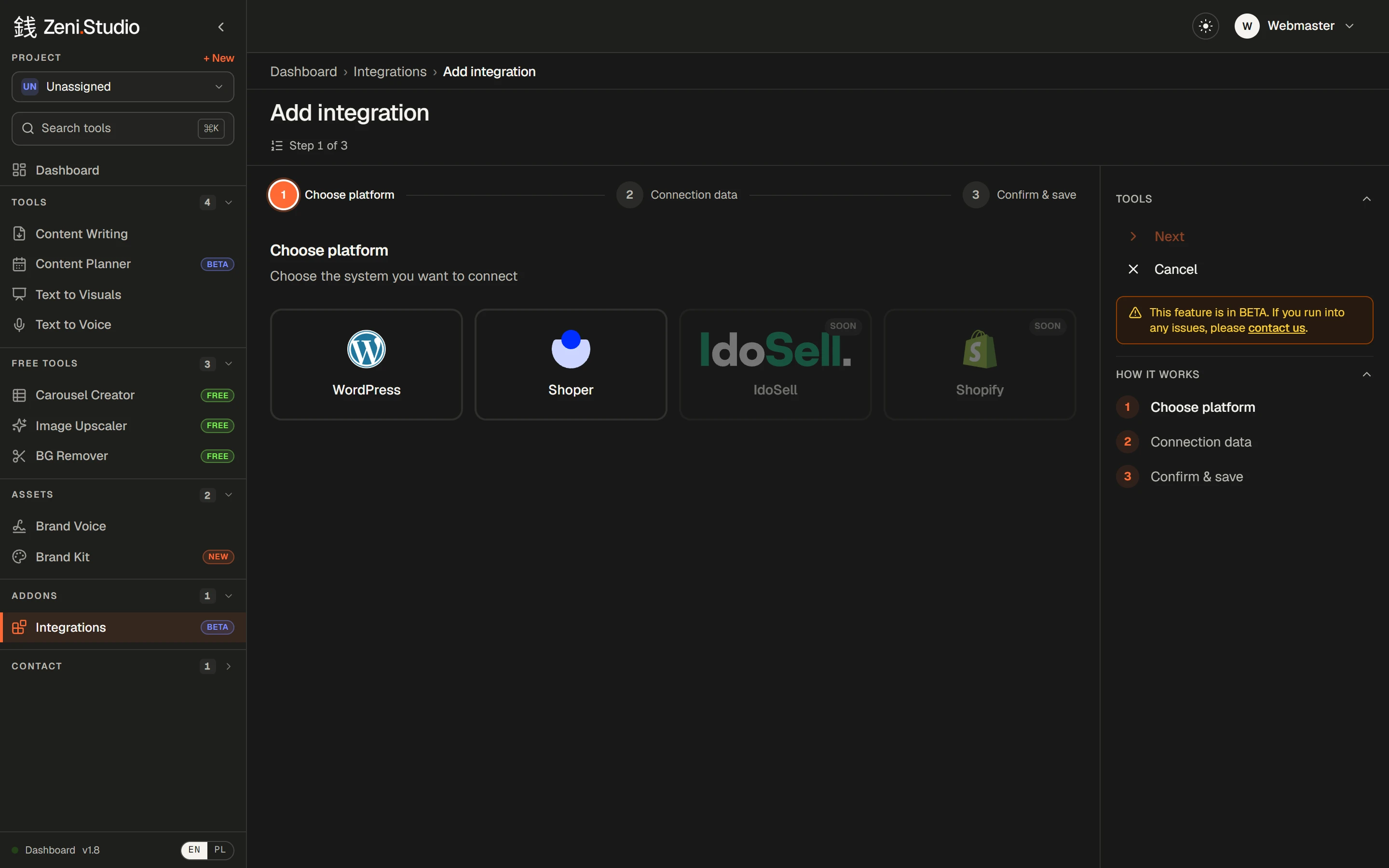 Adding an integration in Zeni.Studio: WordPress or Shoper